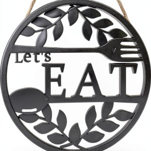 Kitchen Wall Decor Let's Eat Sign, Rustic Wooden Eat Signs Round Wood Wall Hanging Sign with Hole for Kitchen, Dining Room Breakfast Nook Decoration (12x12 Inches)-0